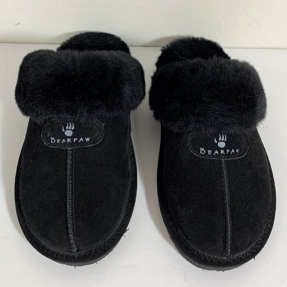 Bearpaw Loki II Sheepskin Slippers Suede Slip On Clogs Scuffs Black Size 6 NEW - Picture 1 of 6